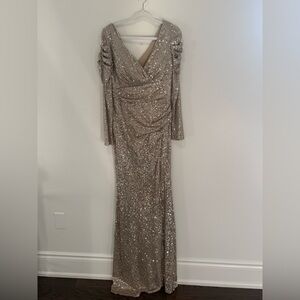 ASIL Gold Sequin Maxi Dress Long Sleeve Ruched Evening Gown Size 40 (Small) Prom